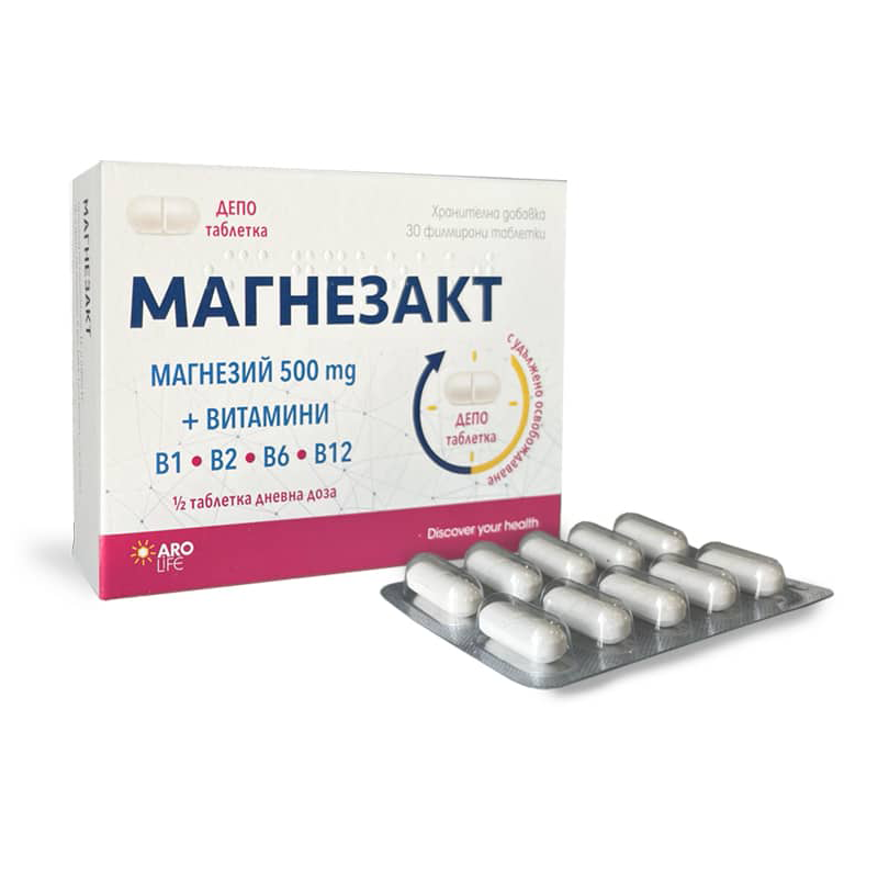 Магнезакт Депо Магнезий 500 мг и витамини B1, B2, B6 и B12 x 30 таблетки Aro Life